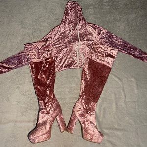 Pink velvet shirt and boots